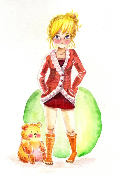 Illustration Aquarelle Une Fille Avec Ours — Photo