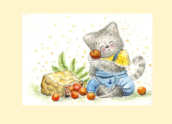 Akvarell Képeslap Illusztráció Macska Mandarinnal — Stock Fotó