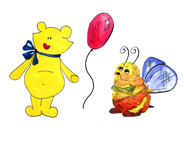 Set Watercolor Illustration Bear Balloon Bee — Stock Photo, Image