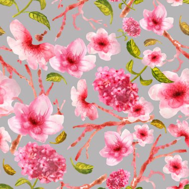 Kusursuz desenli suluboya sakura çiçekleri. 