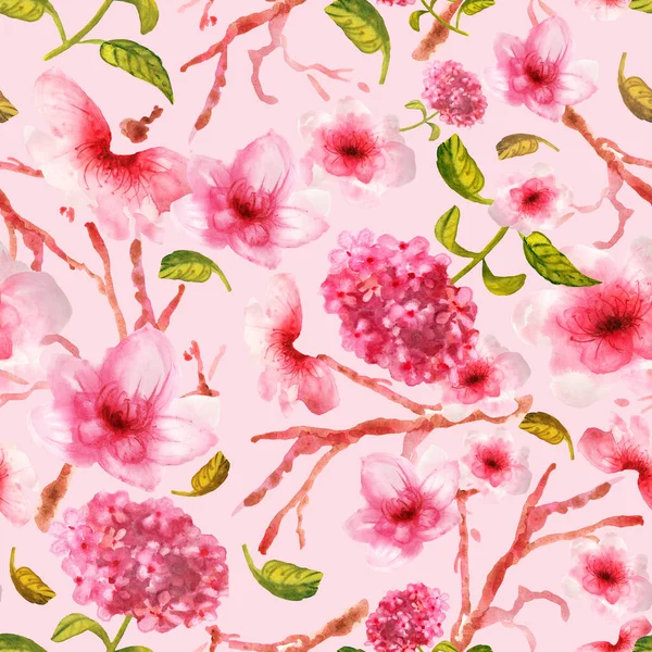 Płynny Wzór Akwarela Kwiaty Sakura — Zdjęcie stockowe