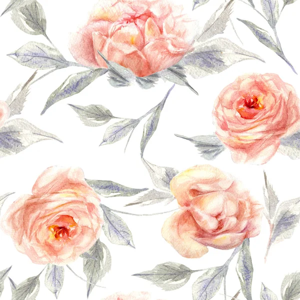 Sömlös Akvarell Mönster Ros Blommor — Stockfoto