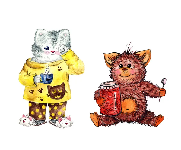 set watercolor animal with jam and cat in pajamas