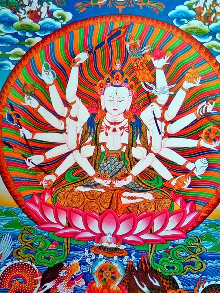 Cundi Bodhisattva Erscheint Mit Achtzehn Armen Auf Einem Lotus Und — Stockfoto