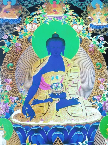Mahayana Vajrayana Buddhismus Nimmt Der Medizinbuddha Sangye Menla Auf Tibetisch lizenzfreie Stockbilder