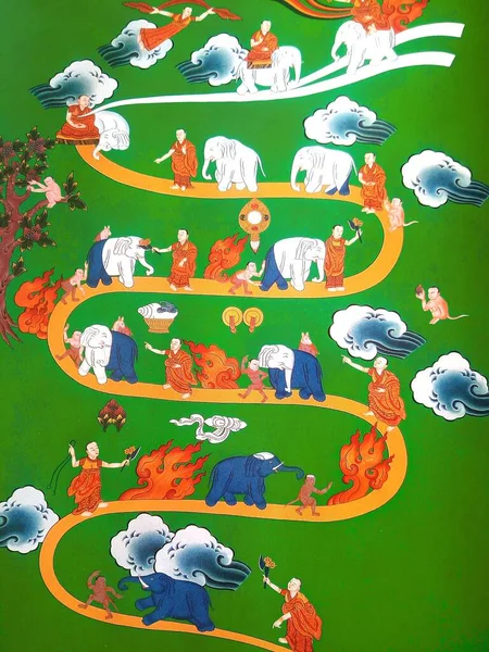 瞑想法 サマタ瞑想の道 引き付け 実現への道を描いた絵があります 仏教の瞑想の9つのレベルの視覚的な表現は 僧侶の道路を旅で構成されています ストック画像
