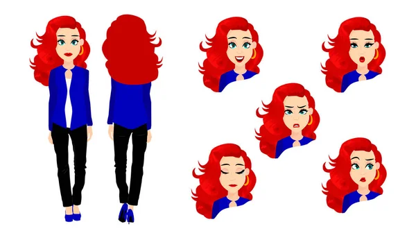 Red Haired Woman Blue Jacket Character — Stock Vector