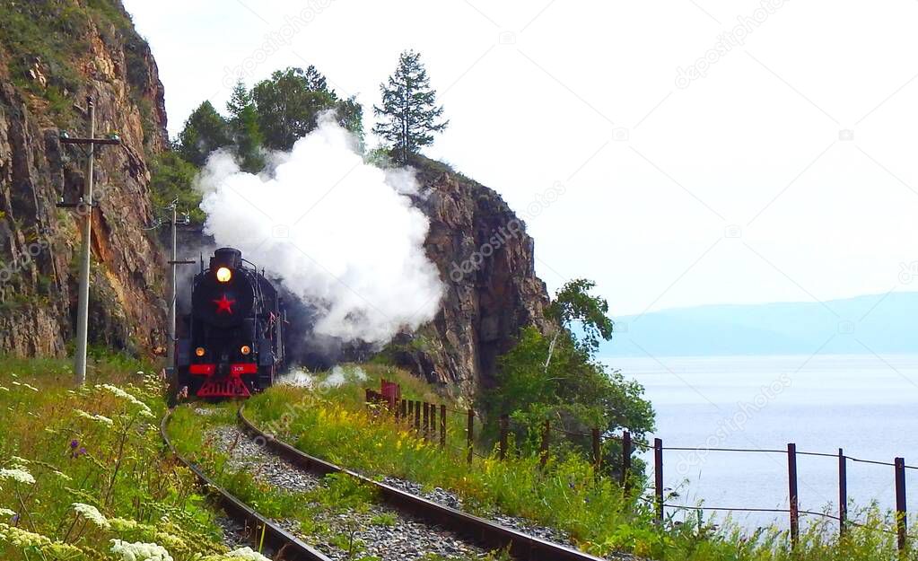 Steam locomotive over lake Baikal, Circum-Baikal railway, 2018