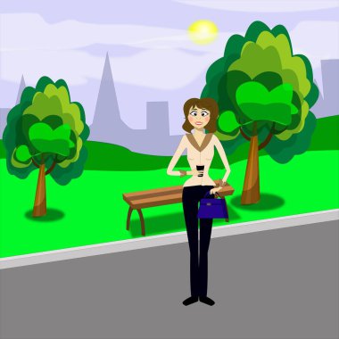 Şehirdeki iş kadını elinde bir bardak kahveyle meydanda yürüyor.