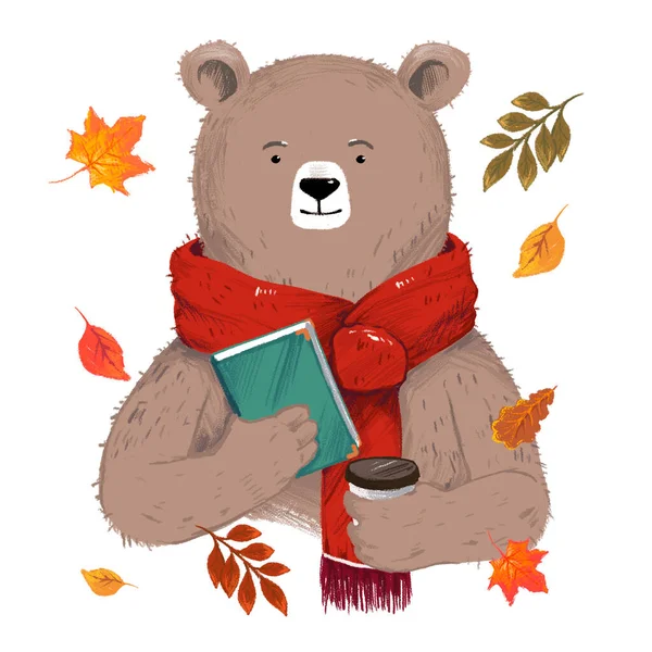 Měkký Kreslený Medvěd Knihou Kávou Kolem Listí Bílém — Stock fotografie