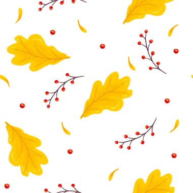 Sarı meşe yapraklı desen, kırmızı böğürtlenli dallar ve beyaz arka planda sarı yapraklar.