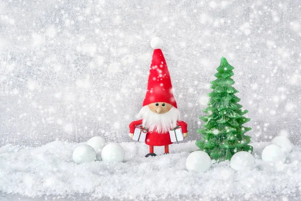 Tarjeta Felicitación Navideña Fondo Santa Claus Con Decoración Navideña Nieve — Foto de Stock