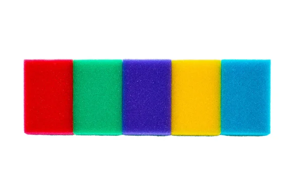 Cinco Coloridas Esponjas Limpieza Sobre Fondo Blanco Concepto Servicio Doméstico — Foto de Stock