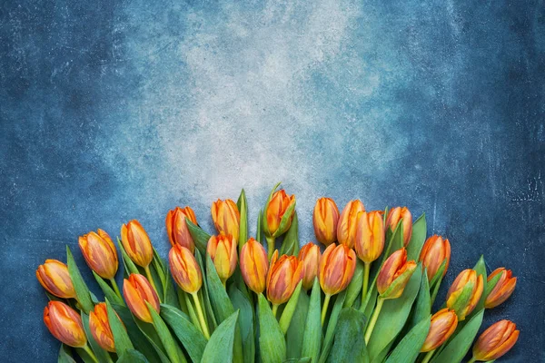 Orange Tulips Bouquet Blue Watercolor Background Copy Space Top View — Stock Photo, Image