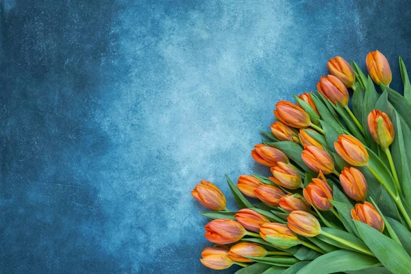 Orange Tulips Bouquet Blue Watercolor Background Copy Space Top View — Stock Photo, Image