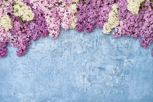 Rosafarbene Fliederblüten Auf Hellblauem Hintergrund Ansicht Von Oben Kopierraum Frühling — Stockfoto