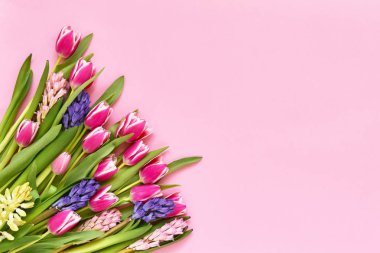 Bahar çiçek buketi pembe bir arka plan üzerinde. Üstten Görünüm, kopya alanı.
