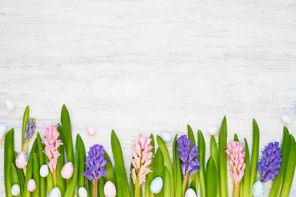 Ostergrußkarte. Hyazinthenblüten und dekoratives Osterei — Stockfoto