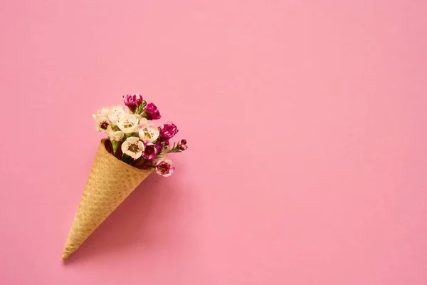 Cône de crème glacée avec de petites fleurs sur fond rose. Espace de copie — Photo
