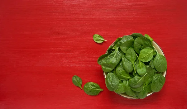 Fresh spinach leaves on white plate. Healthy vegan food. Top vie — Stock Photo, Image