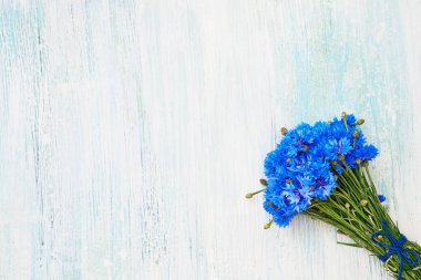 Açık arka planda mavi cornflowers buketi. Kopyalama alanı