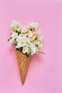 Bir waffle dondurma koni o Philadelphia veya Mock-turuncu çiçekler
