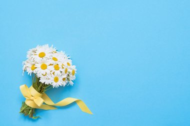 Açık mavi arka planda papatya çiçek buketi. Üst görünüm, kopyalama alanı. Tebrik kartı