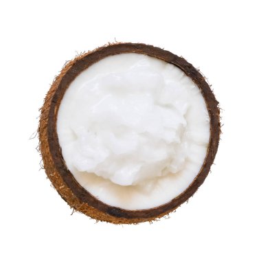 Beyaz arka plan üzerinde fındık yarısında Taze hindistan cevizi yağı.