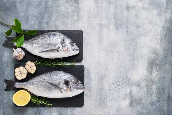 Fresh raw sea bream fish (dorado) on gray background. Healthy food concept. Top view, copy space.