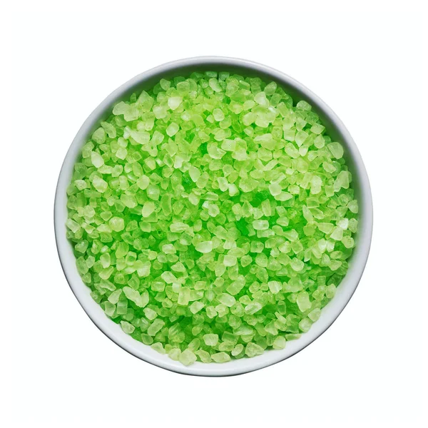 SPA concept. Green bath salt in bowl isolated over white background with clipping path. Top view. SPA concept. — Stock Photo, Image