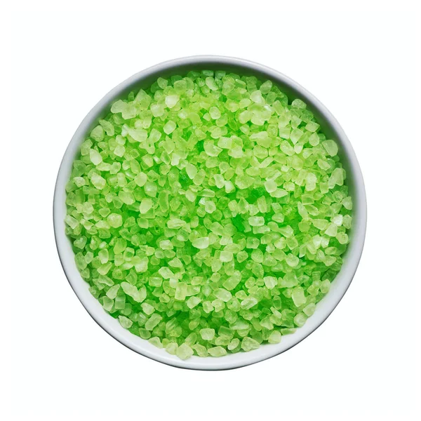 SPA concept. Green bath salt in bowl isolated over white background with clipping path — Stock Photo, Image