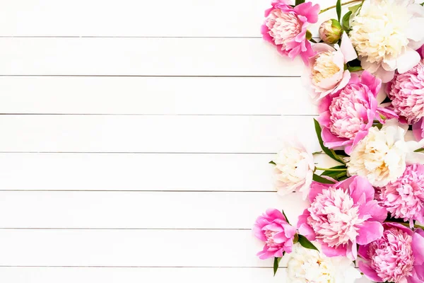 Schöne Rosa Und Weiße Pfingstrosen Auf Weißem Holzhintergrund Geburtstag Valentinstag — Stockfoto