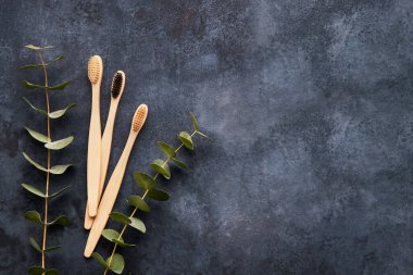 Eko-dost bambu diş fırçaları ve koyu gri arka planda okaliptüs dallarıyla düz bir kompozisyon. Sıfır atık. Üst görünüm, alanı kopyala
