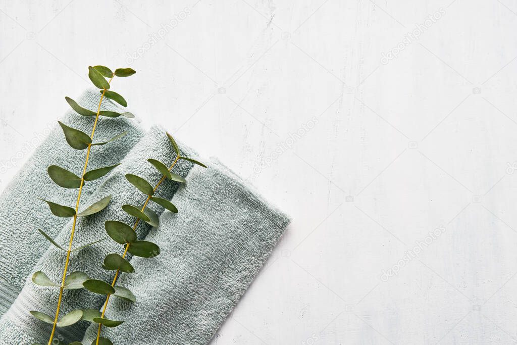 Rolled fluffy towel and green eucalyptus branch on white background. Minimalist scandinavian style. Hygiene, wellness well-being, body care concept. Copy space for text, top view