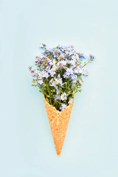 Fleurs Bleues Oubliées Cône Crème Glacée Gaufre Sur Fond Bleu — Photo