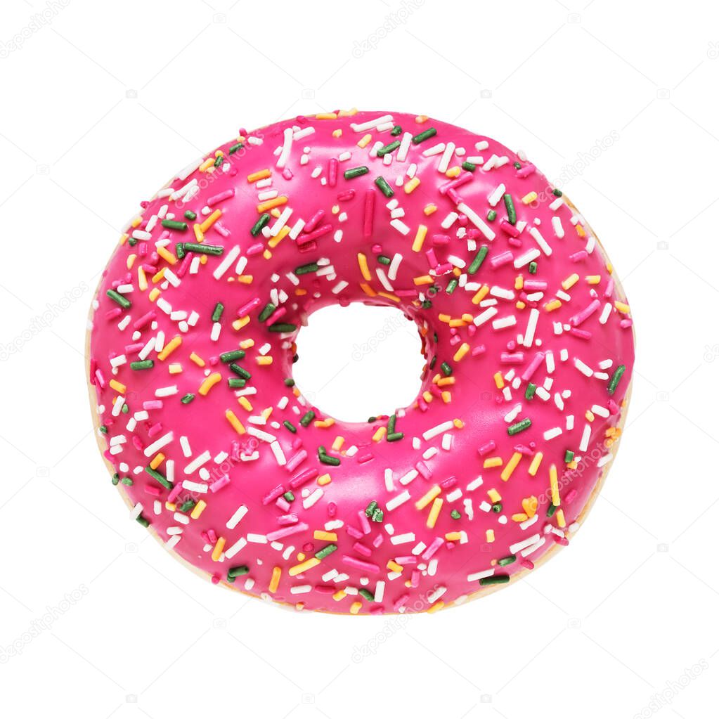 Pink donut isolated over white background with clipping path. Top view, copy space