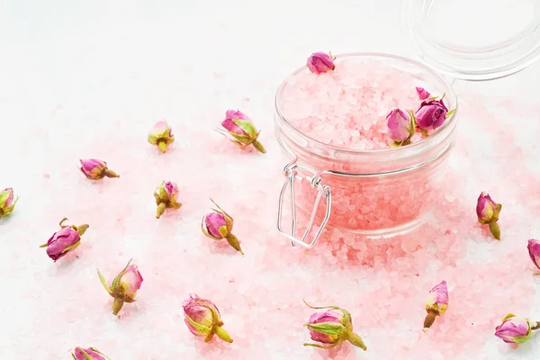 Pink Aroma Bath Salt Glass Jar Decorated Dried Rose Flowers — Stock Photo, Image