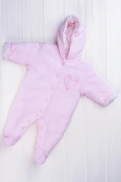 Pink Winter Baby Girl Fleece Coverall Top View Hooded Baby — Stock Photo, Image