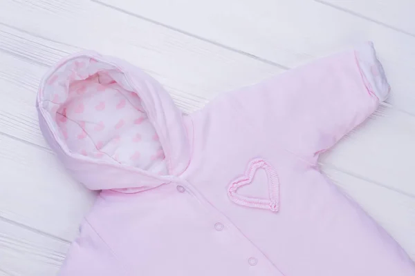 Pink Hooded Baby Girl Coverall White Wood Background — Stock Photo, Image