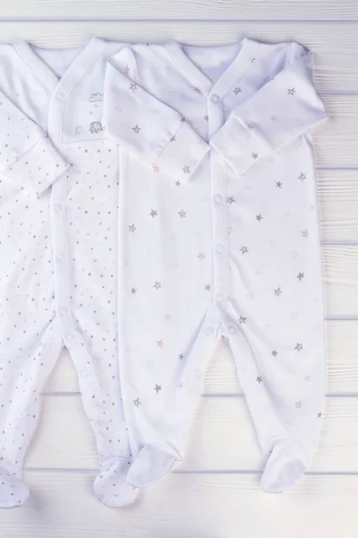 Baby Boy Pajamas Sleepwear White Clothes Kids Wood Top View — Stock Photo, Image