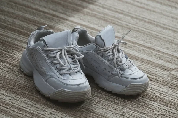 An old white sneaker rests on a brown carpet.