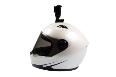 Kask monte edilmiş kamera beyaz arkaplanda izole edildi