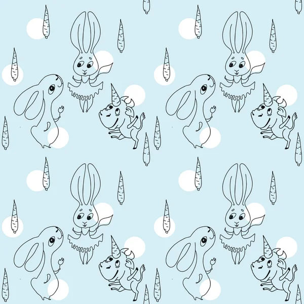 The seamless pattern has a childish theme and a winter color scheme. images of cartoon hares, bulls, snowmen.