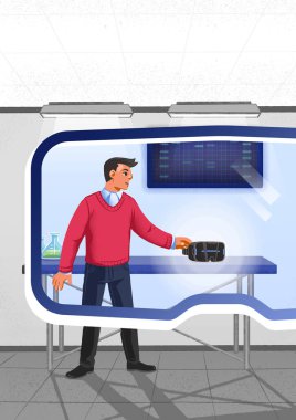 Sanal gerçeklik gözlüğü takan bir adam. Araştırma laboratuarı. Bilim ve bilim adamı. Neon çizgileri olan soyut VR dünyası. Bitmap illüstrasyonu.