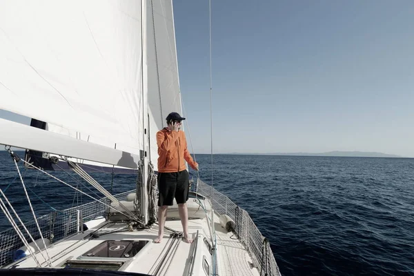 Man Sailing Sails Out Sunny Day Talking Phone — Stock Photo, Image