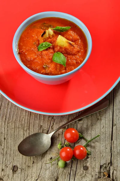 Soğuk domates çorbasını, İspanyol çiğ domates çorbası — Stok fotoğraf