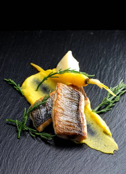 Fine dining Seabass fillets — Stock Photo, Image