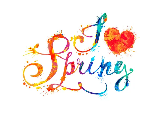 Encanta Primavera Palabras Vectoriales Escritas Mano Pintura Salpicadura Arco Iris — Vector de stock