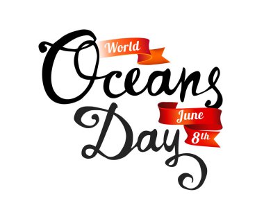 Dünya Okyanus günü. 8 Haziran. El Doodle vektör kelime beyaz arka plan üzerinde yazılı