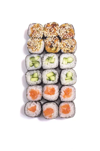 Set Unagi Roru Kappa Maki Syake Roru Rolls Isolated White — Stock Photo, Image